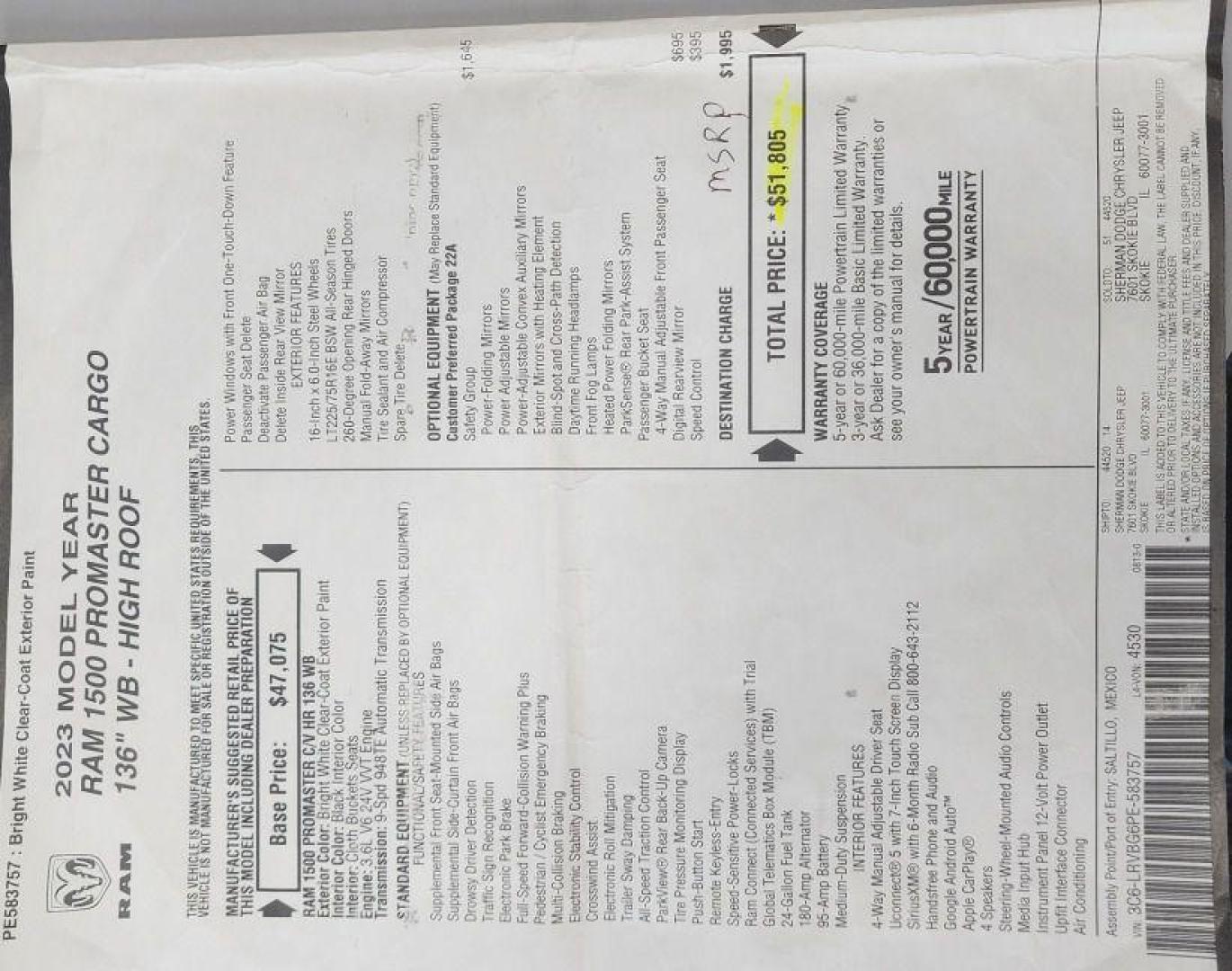 2023 WHITE RAM PROMASTER 1500 1500 HIGH BASE (3C6LRVBG6PE) with an 3.6L engine, Automatic transmission, located at 101 S. Halleck St., DeMotte, 46310, (219) 987-2922, 41.202343, -87.198189 - Photo#18